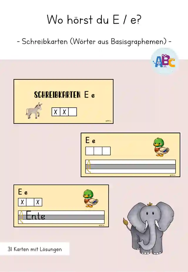 Wo hörst du E / e? : Schreibkarten mit Wörtern aus Basisgraphemen