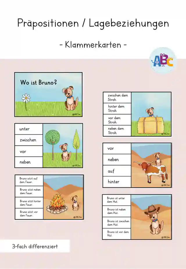 Präpositionen / Lagebeziehungen : Klammerkarten (3-fach differenziert)