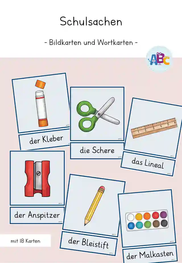 Schulsachen : Bildkarten und Wortkarten