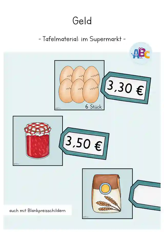 Geld : Lebensmittel im Supermarkt mit Preisen (Tafelmaterial)