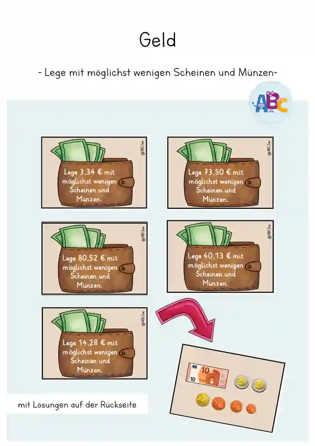 Geld : Lege mit möglichst wenigen Scheinen und Münzen (Geldbeträge legen)