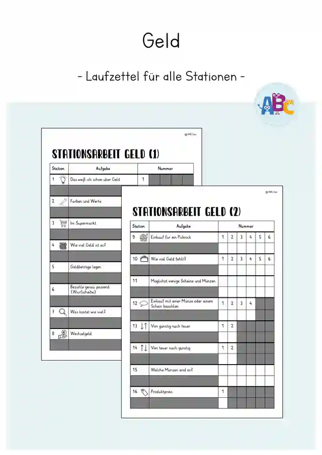Geld : Laufzettel für alle Stationen