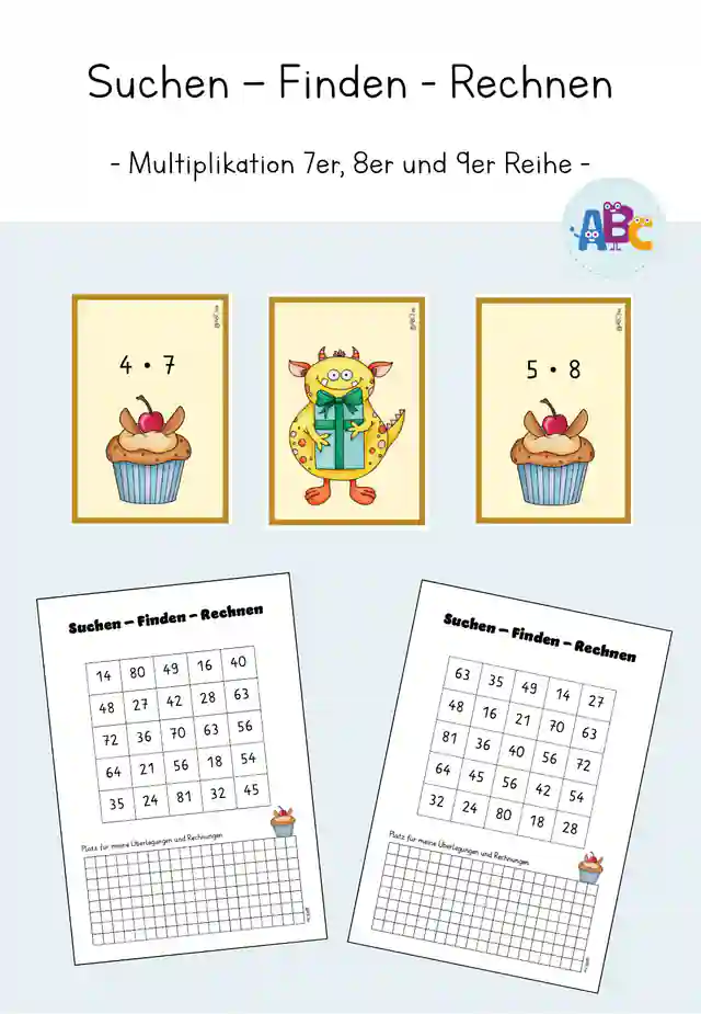 Suchen - Finden - Rechnen : Multiplikation 7er, 8er und 9er Reihe