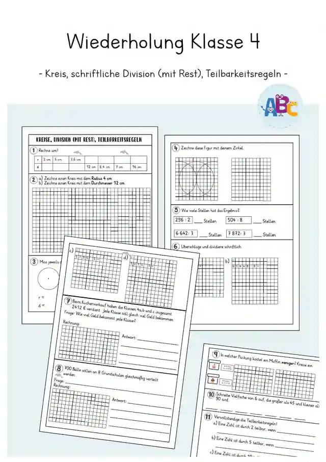 Wiederholung Klasse 4 : Kreis, schriftliche Division (mit Rest), Teilbarkeitsregeln