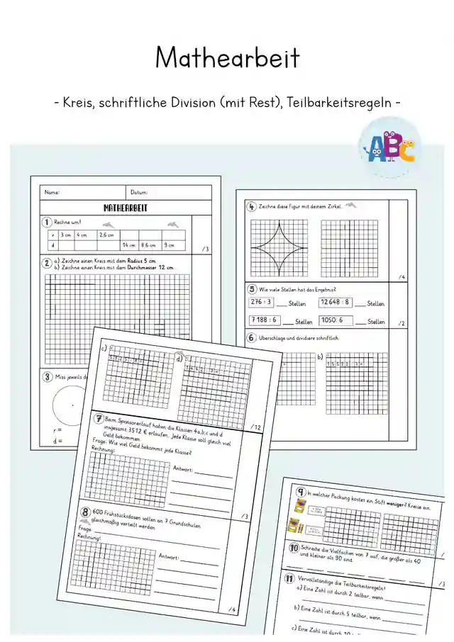 Mathearbeit : Kreis, schriftliche Division (mit Rest), Teilbarkeitsregeln