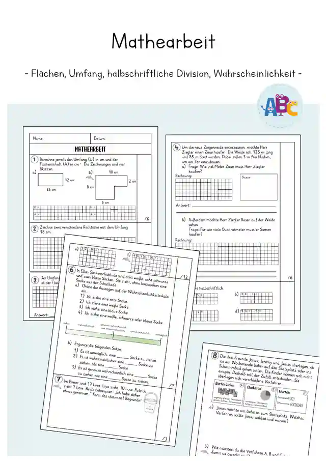 Mathearbeit: Flächen, Umfang, halbschriftliche Division, Wahrscheinlichkeit