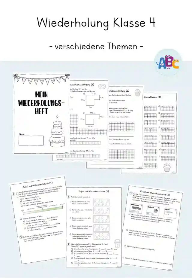 Wiederholung Klasse 4 : Flächen, Umfang, halbschriftliche Division, Wahrscheinlichkeit