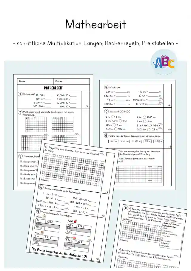 Mathearbeit : Längen, Preistabellen, Rechenregeln, schriftliche Multiplikation