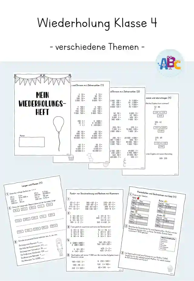 Wiederholung Klasse 4 : Längen, Preistabellen, Rechenregeln, schriftliche Multiplikation