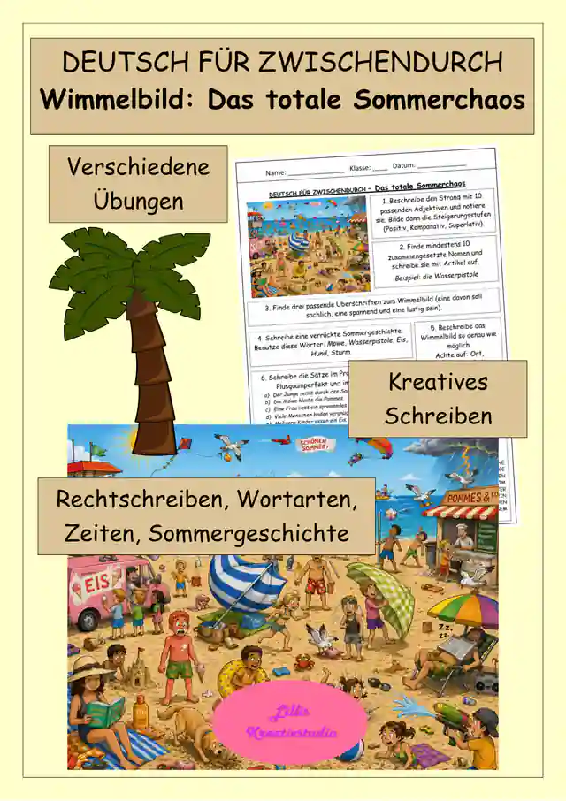 Schreiben im Sommer - Wimmelbild Sommerchaos