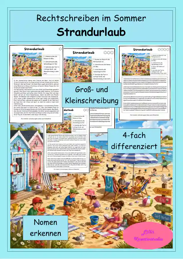 Wimmelbild Strandurlaub - Rechtschreiben im Sommer - differenzierter Abschreibtext