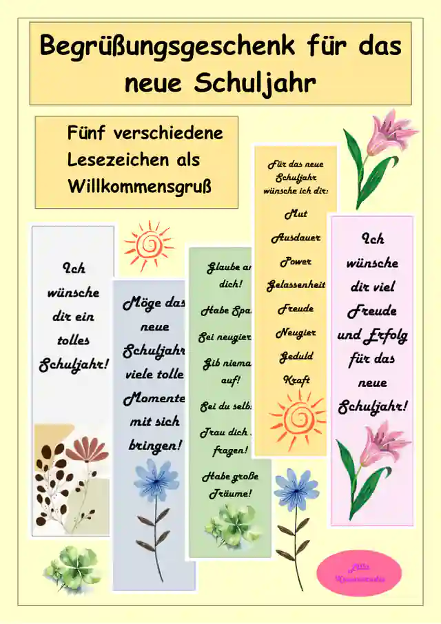 Neues Schuljahr - Lesezeichen - Willkommensgeschenk zum Schulstart