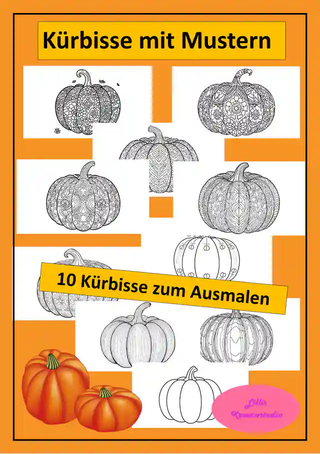 Kürbisse mit Mustern - Zentangle-Kürbisse - Ausmalbilder Halloween/Herbst 