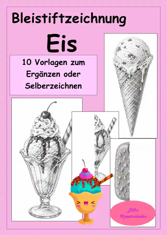 Bleistiftzeichnung im Sommer -  Kunstprojekt Eis - Vorlagen & Hälften zum Ergänzen