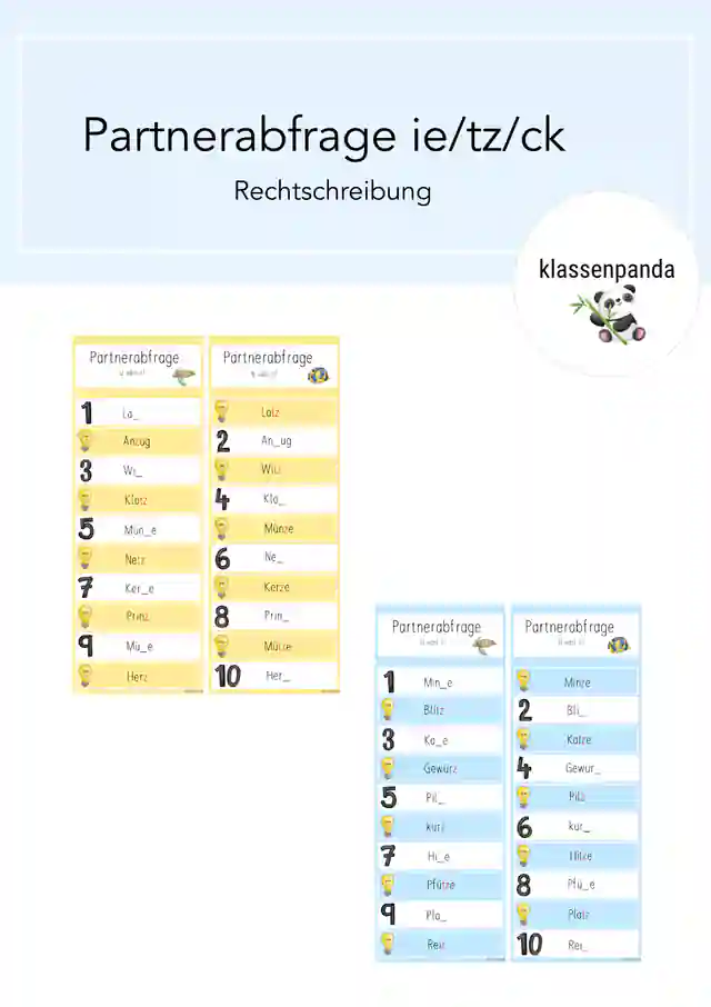 Wörter mit ck, tz, ie Partnerabfrage