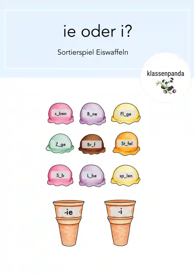 Wörter mit ie Sortierspiel Eiswaffeln