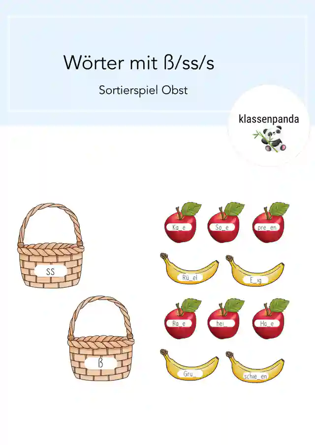 Wörter mit ß/ss/s Sortierspiel Obst