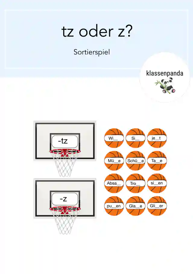 Wörter mit tz Sortierspiel Basketball