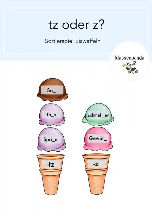 Wörter mit tz Sortierspiel Eiswaffeln