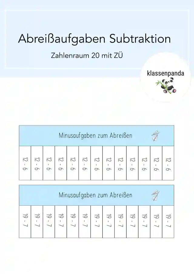 Abreißaufgaben Subtraktion Zahlenraum 20 mit ZÜ