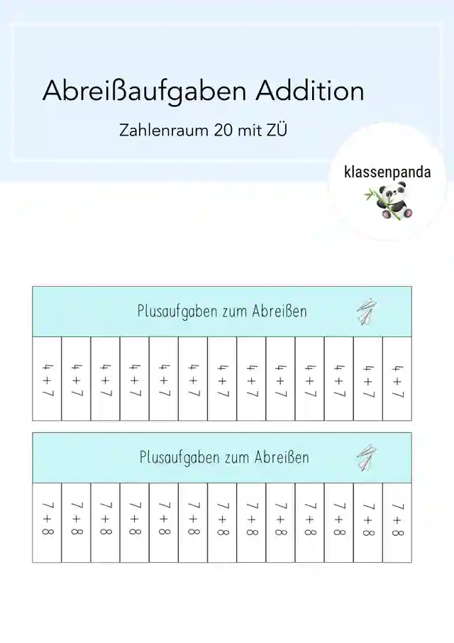 Abreißaufgaben Addition Zahlenraum 20 mit ZÜ