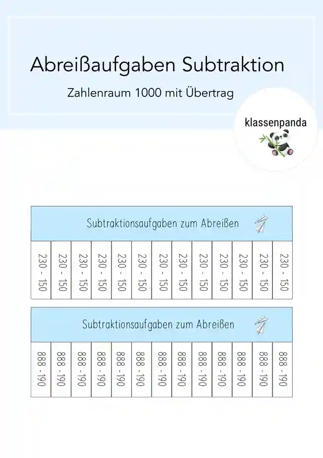 Abreißaufgaben Subtraktion Zahlenraum 1000 mit Übertrag