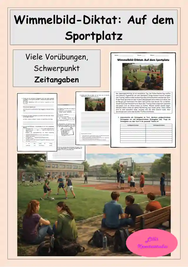 Wimmelbild-Diktat (Nachschrift): Auf dem Sportplatz - Schwerpunkt Zeitangaben