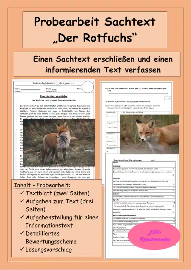 Probearbeit: "Der Rotfuchs" - Sachtext erschließen und Informationstext schreiben