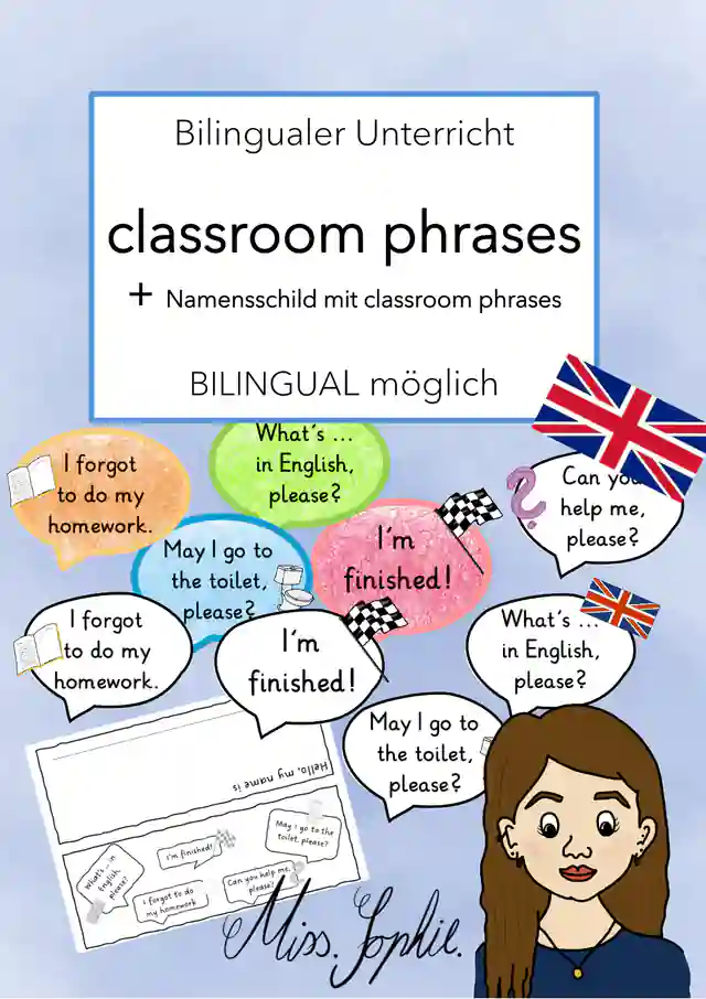 Classroom phrases und Namensschild für den Englischunterricht