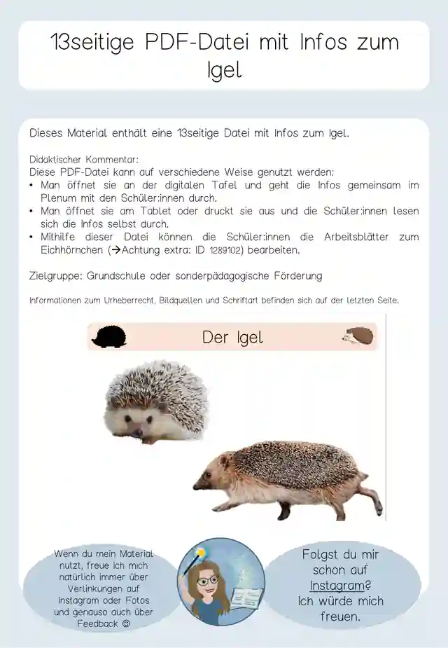 Informationen zum Igel - 13seitige PDF mit Bildern und Text