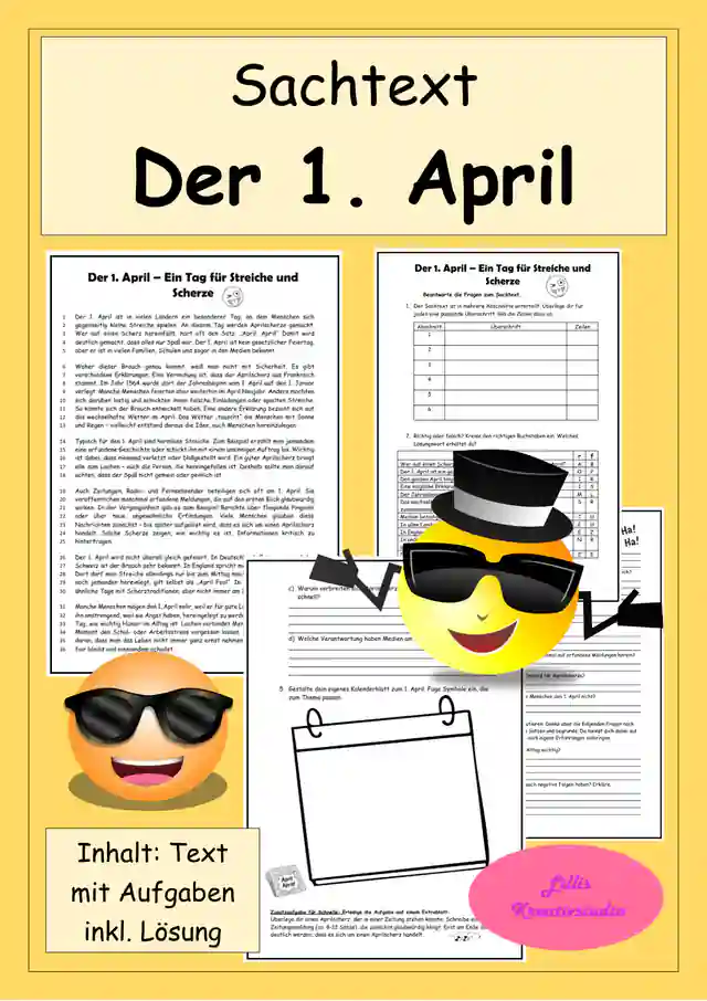 Sachtext. Der 1. April - Ein Tag für Streiche und Scherze - Leseverstehen - Textarbeit