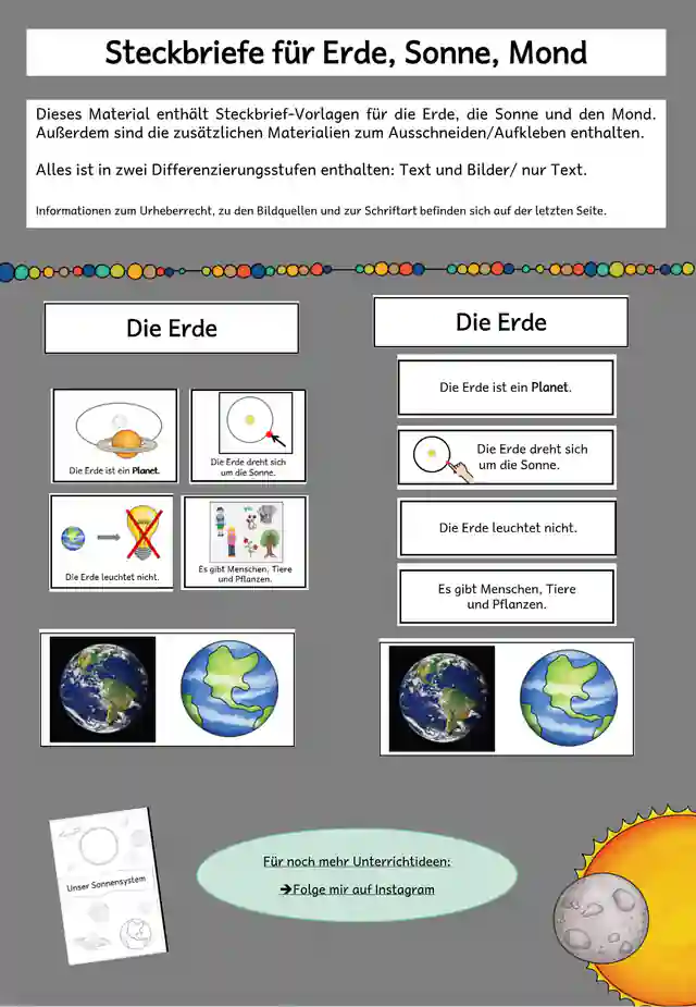 Steckbriefe für die Erde, die Sonne und den Mond