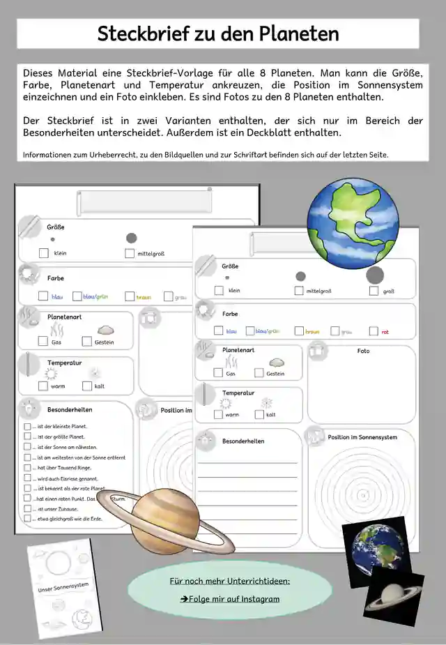 Steckbrief Vorlagen Erde Sonne Mond