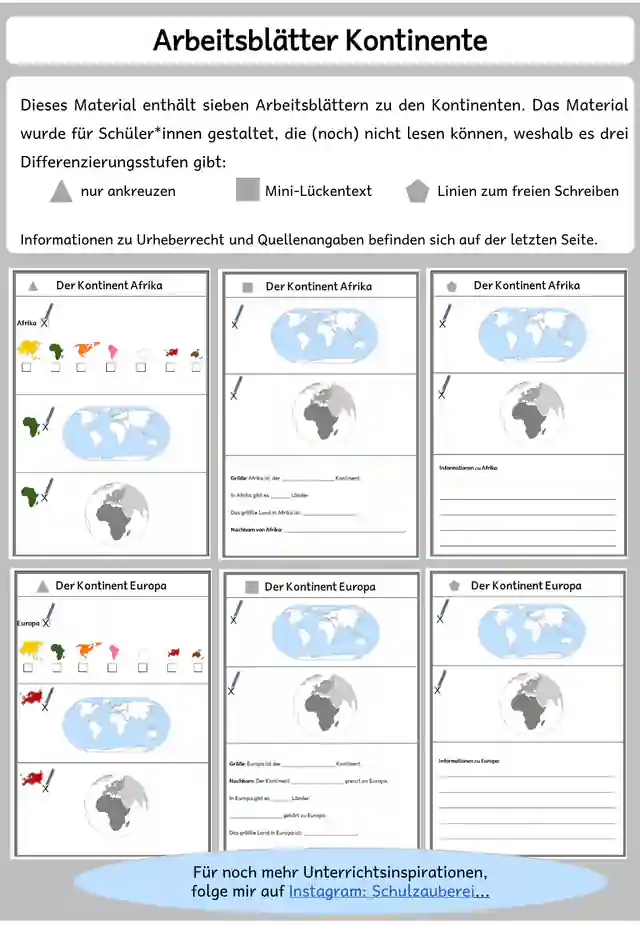  7 Arbeitsblättern zu den Kontinenten
