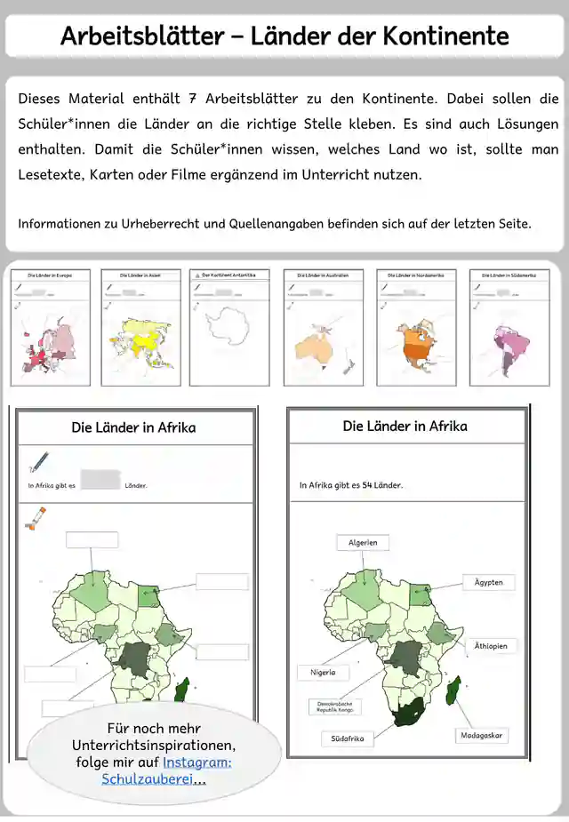 Arbeitsblätter Länder der Kontinente