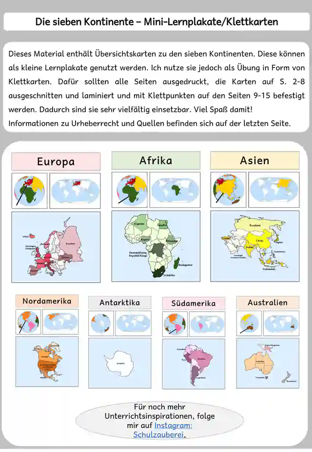 Lernplakate/Übersichtskarten zu den sieben Kontinenten.
