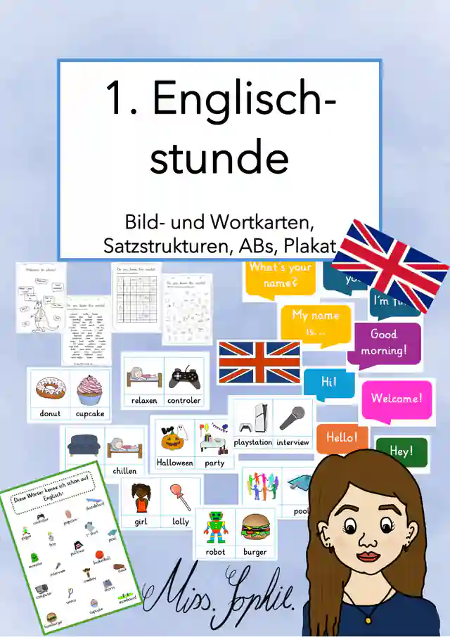 1. Englischstunde: ABs, Bildkarten, Satzstrukturen, Plakat