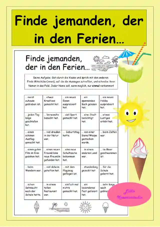 Finde jemanden, der in den Ferien... Schuljahresbeginn - Spiel nach den Ferien/ Sommerferien