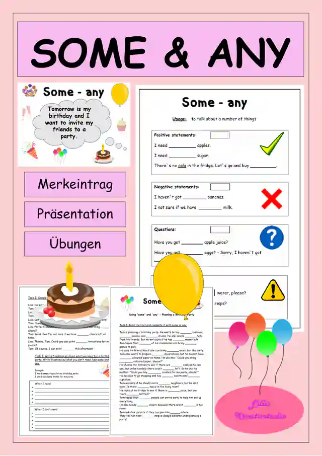 Some und any - Merkeintrag - Präsentation (Planning a birthday party) - Übungen (Indefinitpronomen)