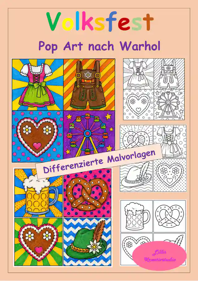 Pop Art Volksfest: Trachten und Kultur – Ausmalbilder im Stil von Andy Warhol - Malvorlagen Oktoberfest