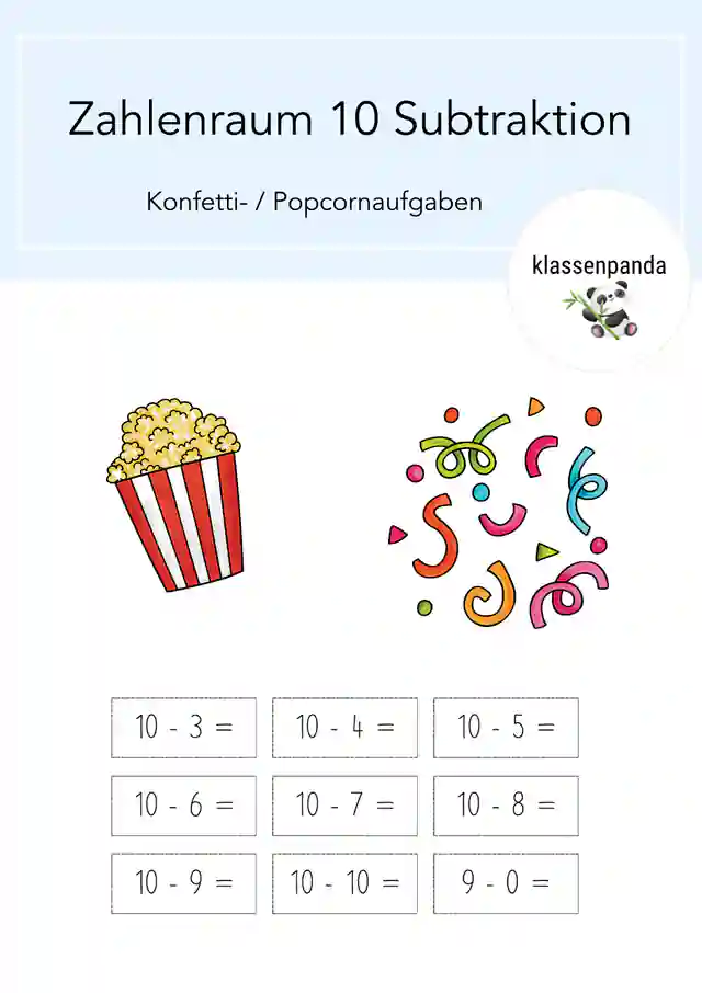 Zahlenraum 10 Subtraktion Konfetti-/ Popcornaufgaben