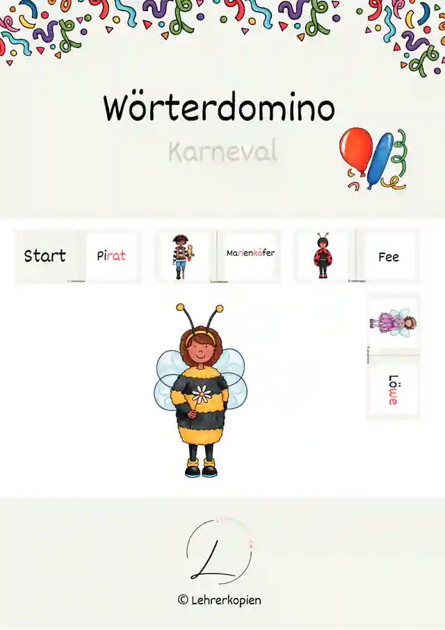 Wörterdomino: Karneval/ Fasching, 2 Versionen (Silbenschrift)