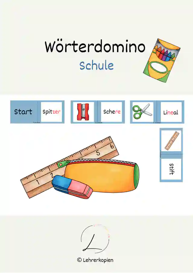 Wörterdomino: Schule, 2 Versionen (Silbenschrift)