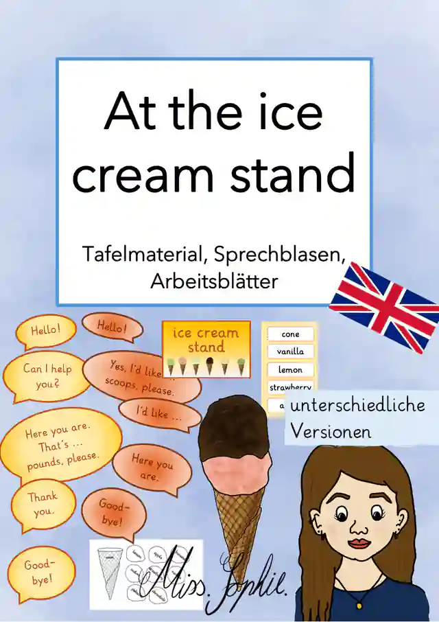 At the ice cream stand_Tafelmaterial, Sprechblasen, Arbeitsblatt
