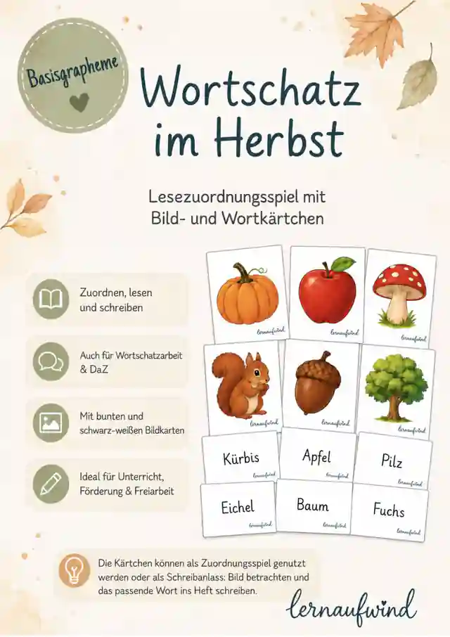 Wortschatz im Herbst – Lesezuordnungsspiel mit Basisgraphem-Wörtern