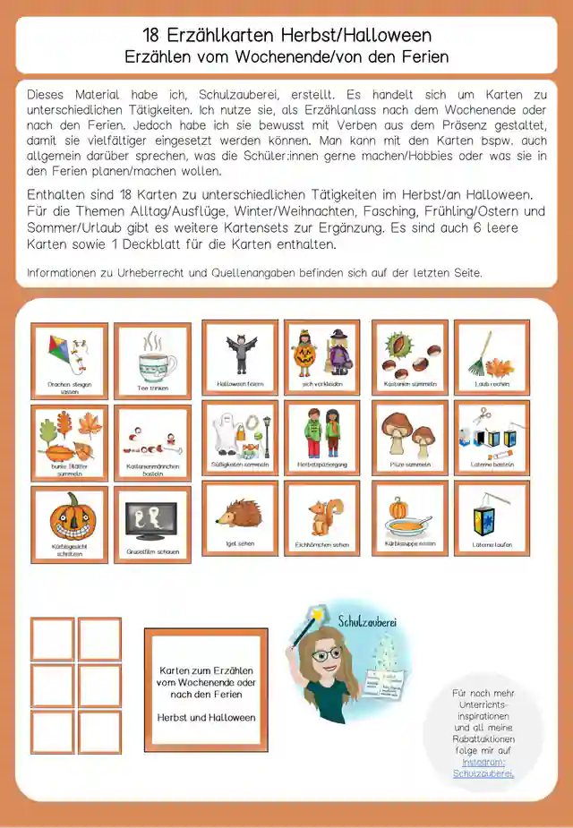 18 Erzählkarten Herbst und Halloween / Ferienerzählung, Schreibanlass