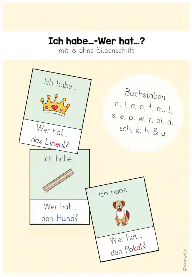 Ich habe...- wer hat...? - Buchstaben n, i, a, o, t, m, l, s, e, p, w, r, ei, d,  sch, k, h & u
