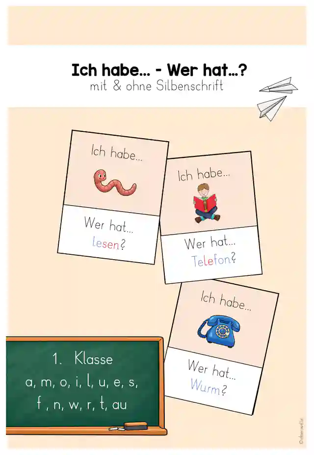 Ich habe... - Wer hat...? - 1. Klasse  a, m, o, i, l, u, e, s,  f , n, w, r, t, au 