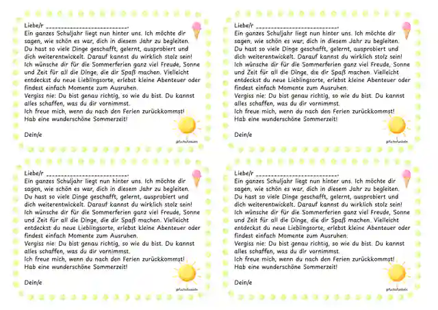 Sommerbrief für die Sommerferien