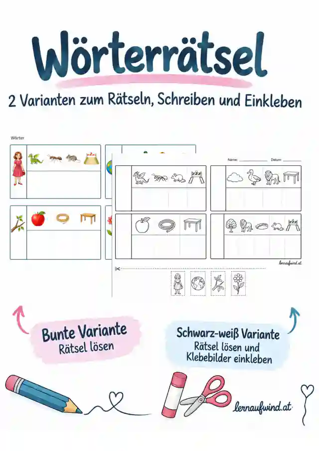 Wörterrätsel mit Bildern – 2 Varianten zum Rätseln, Schreiben und Einkleben 